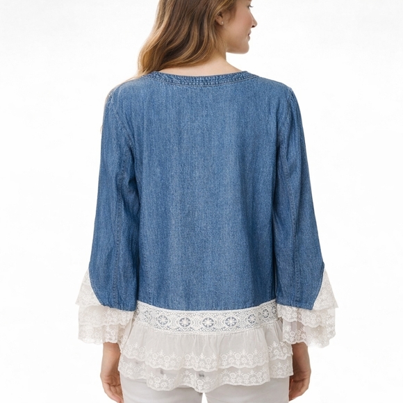 JACKET TOP BLOUSE Denim Unbranded with Lace Trim Front Buttons 2 Pockets Sz Lrg - Picture 2 of 14